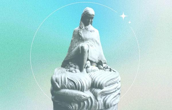 Coast Salish stone statue. Coast Salish woman resting on waters with ducks & salmon by her feet & in the water.
The background, digitally layered under, is ombre greens, blues & a white circle line with two white star marks, frames the statue.