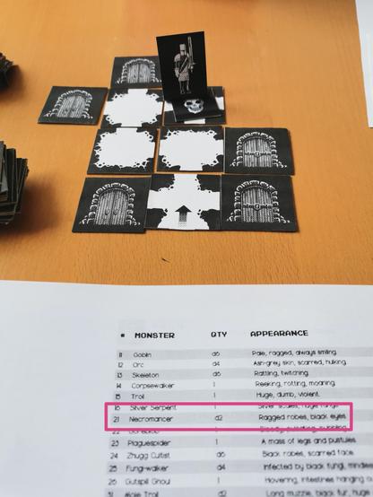 Dungeon Plättchen mit geöffneten Räumen bzw verschlossen Türen.
Im 4. Raum Monster encounter.
Darunter Tabelle Monster = Necromancer