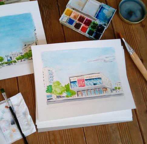 aquarell painting of Kino International in Berlin, Germany