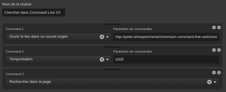 Copie d'écran de l'interface graphique qui, dans les Réglages de Vivaldi (version pour ordinateurs), permet de configurer des chaines de commandes