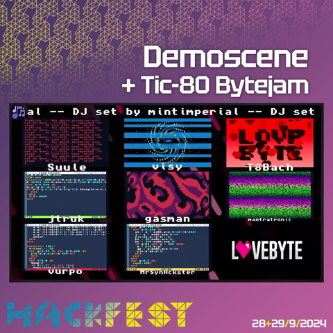 A promo picture for HackFest, with a screenshot of a live TIC-80 jam streamed by Lovebyte demoparty