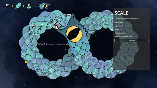 Screenshot of the game: a giant blue ouroboros snake. On its scales are little critters running away from it's maw and mining one of its scales.
There is a UI panel on the right describing one of the snake's scales as a normal, healthy scale, slightly salted, containing an Altar module and 10 Keratin.
There is UI at the top of the screen showing how many of each resources the player has: 8 Population, 6 Keratin, 1 Science.