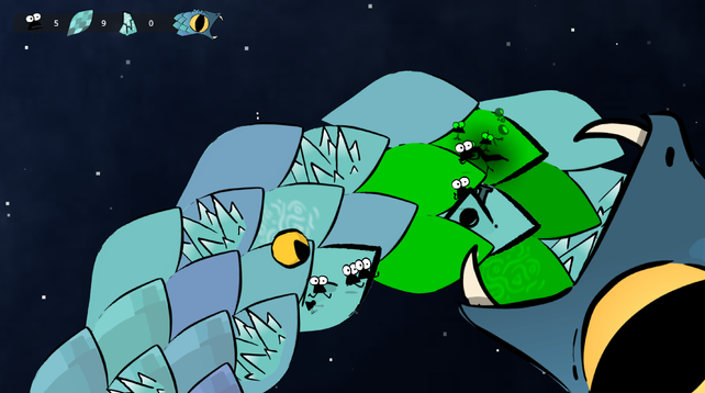 A more zoomed in screenshot of the game. On the right we can see the snake's open jaw, ready to engulf a dwelling and some critters mining its scales. We can also see an Altar on one of the scales.
At the top, the Resources UI panel is showing 5 Population, 9 Keratin, 0 Science.