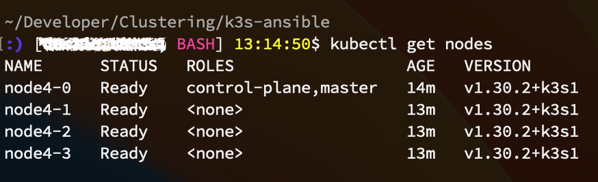 A screenshot of a terminal window running a Kubernetes control command and the resultant informational text. The data shows that Kubernetes is properly setup and running on four Raspberry Pis.