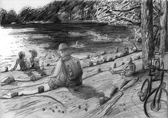 People near a forest lake.