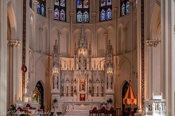Cathedral Basilica Of The Immaculate Conception.

This is an interior image of the Cathedral Basilica of the Immaculate Conception located in downtown Denver, Co.
The image closes in on the beautifully ornate alter.
The stonework is all Indiana Limestone. There are many architectural features including massive tall columns, arches and stained glass windows. Much of the trim is highlighted with gold paint.