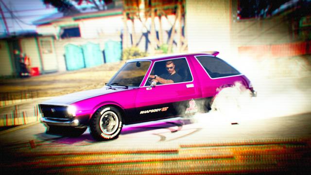 A screenshot I took in the video game GTA Online using the Rockstar Editor. It shows my male character in a tuned pink Rhapsody drifting around a corner.