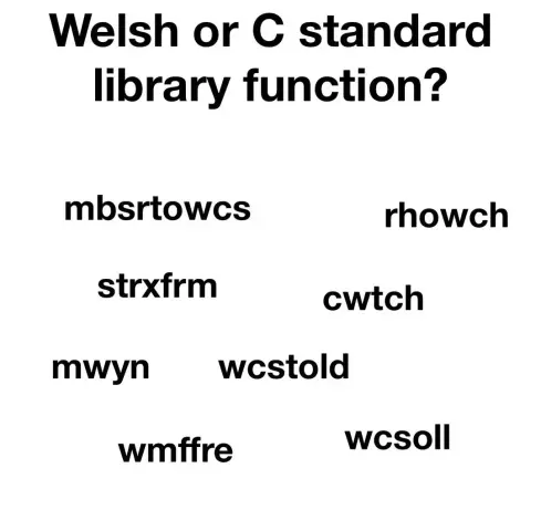 Welsh or C standard library function? mbsrtowcs rhowch strxfrm cwtch mwyn wcstold wmffre wcsoll