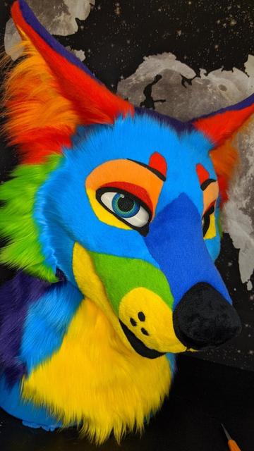 A pride (rainbow) colored coyote, 3/4 view headshot
