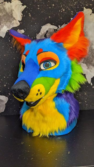 A pride (rainbow) colored coyote fursuit head