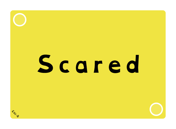 A yellow card bears the text "Scared." Hollow offwhite circles appear in the upper left and lower right corners.