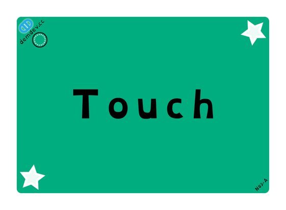 A minty green card bears the text "Touch." Offwhite five point stars appear in the upper right and lower left corners.