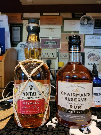 Two bottles of rum: Plantation Xaymaca from Jamaica and Chairman's Reserve from St Lucia.