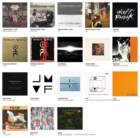 Collage des pochettes des albums de Catherine Ribeiro + 2 Bis (Catherine Ribeiro + 2 Bis), Catherine Ribeiro + Alpes (Ame Debout), Catherine Ribeiro + Alpes (N°2), Catherine Ribeiro + Alpes (Paix), Daft Punk (Discovery), Einstürzende Neubauten (Kollaps), Einstürzende Neubauten (½ Mensch), Enno Velthuys (Glimpse Of Light), Federico Durand (Té De Flores Silvestres), Hydroplane (Selected Songs 1997-2003), Iannis Xenakis (Electroacoustic Works), Jérôme Minière (Le Vrai Le Faux), Läuten Der Seele (Die Reise Zur Monsalwäsche), Liars (They Threw Us All In A Trench And Stuck A Monument On Top), Loscil (Umbel), Pram (Iron Lung E.P.), Rob Mazurek (Milan), Sparks (Annette (Unlimited Edition - The Original Motion Picture Soundtrack))