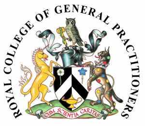 The heraldic achievement of the Royal College of General Practitioners.

Ex Wikipedia:

The elements represent historical context and themes relevant to general medical practice:

- The ancient lineage of medicine – the gavel entwined with the serpent of Asclepius (the Greek God of Medicine).
- The owl of the crest represents wisdom, and night visits; the gavel, authority and decision-making.
- The shield itself is derived from that of St Bartholomew's Hospital (the oldest extant hospital site in the UK). Its chevron in these arms represents a roof (of the house in which general practice takes place), and day and night (black/white) alluding to the 24-hour commitment of GPs to their patients.
- The lamp represents enlightenment, the importance of study/research, and links with the lamp of nursing.
- The doctor's compassionate and healing relationship with their patient is represented by the white poppy (the relief of pain) and the blue gentian (the restorative and rehabilitative role of the GP).
- The supporters are a unicorn (from the arms of the Society of Apothecaries, the forerunners of General Practitioners in the UK and in whose Hall the College of General Practitioners was first housed, but also representing medicine), and a lynx (ex Arms of the Company of Barbers and Royal College of Surgeons, representing surgery). The spots on the lynx indicate its all-seeing nature, which is thought appropriate for general practice.
- The motto is Cum Scientia Caritas.
