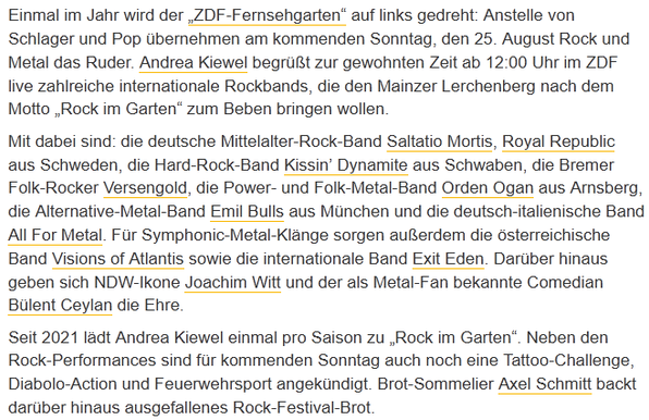 Text zur "Rock im Garten"-Sondersendung des piefigen Formats "ZDF Fernsehgarten" des ZDF, mit dem zweiten sieht man besser.