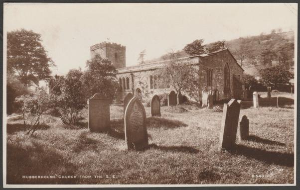 Sepia real photographic postcard showing a view of St Michael & All Angels Church at Hubberholme near Skipton in Yorkshire.
Published by Walter Scott, Bradford, No B 543, c.1930s.
Postally unused.
Good condition, with slight corner bumps.