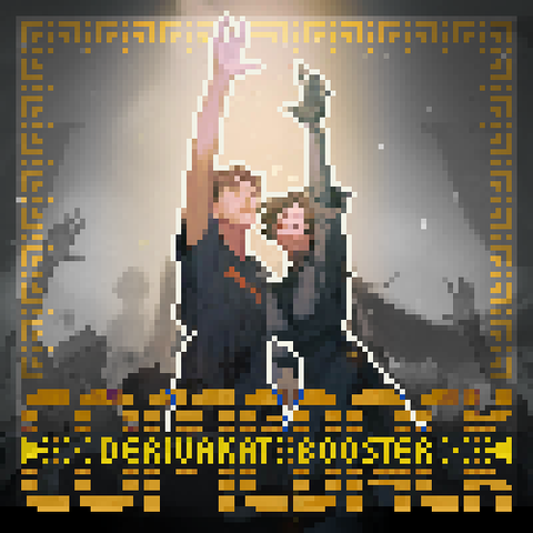 A slight yet substantial edit of the official album art for Derivakat & Boaster's 2024 theme for e-sports team Fnatic, "COMEBACK" (by qaramello on Twitter/X), with the title name depicted in a custom stylized, slit-esque typeface, with the musicians' names interspersed in the middle,  minimal dotted dithers and two small arrows flanking its both sides; surrounding the main people at the center (here outlined with a thin white line), is a background of crowds cheering for the light at the top, as well as accompanying border designs in a subdued golden-orange hue.