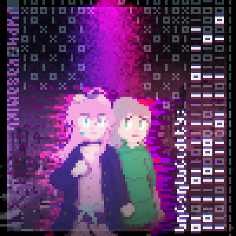 Official album art for JWPH and Kasamiku's "Unconlucidity; Lucidity", depicting the two primary characters in the narratival VSRG hybrid, "vivid/statis", Saturday in her usual jacket and pink-and-purple dress outfit (in a determinant stance), tightly holding Allison, who wears her usual thick, verdant green hoodie and pencil skirt, who is visibly worried about their current predicament regarding the environment around them.
The "Finality." part of the song's title is depicted in a series of white-colored 1s and 0s, as well as the same random sequences (now also featuring X's) in a darker teal-gray tone, in reference to the articificial nature of the world created by the Duskbreaker's systems in-lore, as evidenced by various crucial logs in later chapters.