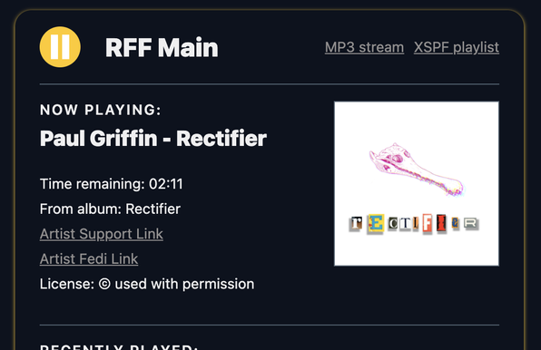 A screenshot from Radio Free Fedi's main channel that shows my track, "Rectifier" in the "Now Playing" section of the RFF Main channel