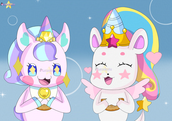 A drawing of a two small unicorns. One is pink with purple hair dyed cyan with multicolored (pink, purple, cyan and light green) horn, wears a yellow crown with jewel and has purple tail. The other one is white, wears a yellow crown with dark pink star, has light blue horn and multicolored (pink, yellow and blue) hair and pink wings, has white tail with yellow star at the tip. Both of them are eating star-shaped donuts.

Blue background with white circles and sparkles.