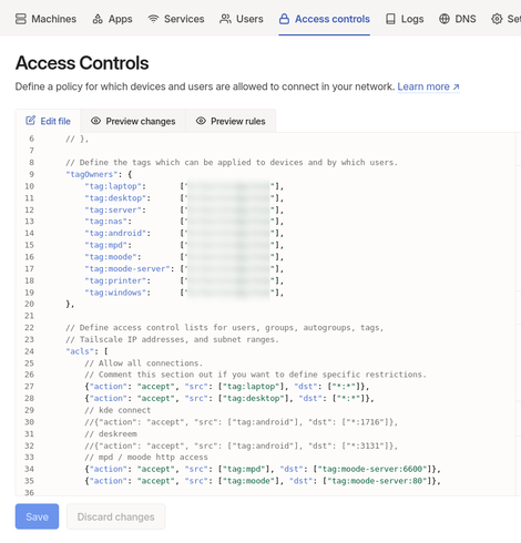 Copie d'écran de la page de gestion d'accès de tailscale où j'ai donnée (via une configuration json) accès au lecteur moode si l'appareil a un tag mpd ou moode.