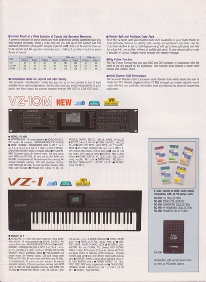 A vz10m module and a vz1 keyboard spec sheet. “The vz series combination mode lets you mix up to four patches in any of eight possible mix or split configuration. Set the effect and amp levels independently for each patch”
