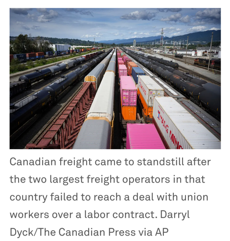 Canadian freight came to standstill after the two largest freight operators in that country failed to reach a deal with union workers over a labor contract. Pic by Darryl Dyck/The Canadian Press via AP