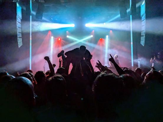 The image shows a live concert. The picture is backlit and one can see the silhouette of the singer while crowdsurfing.