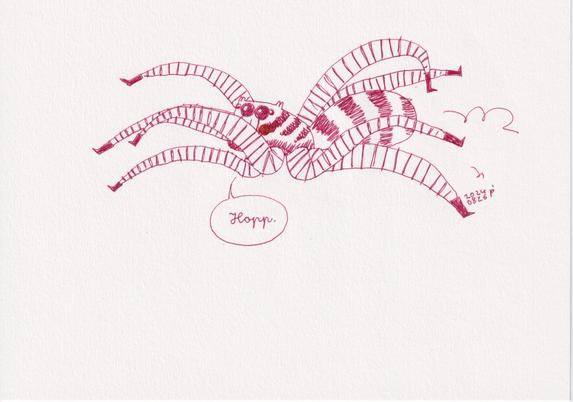 drawing of a jumping jumping spider with striped legs and body, still wearing boots, and saying "Hopp."
