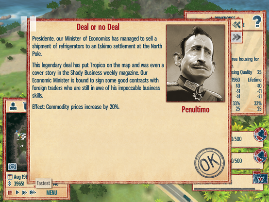 Message du jeu Tropico 4 qui dit que notre ministre de l'économie a réussi à vendre des frigos à des Esquimo au Pôle Nord :D