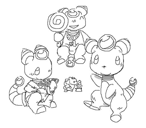 Three MS Paint drawings of the same little Ampharos, one in a kimono fanning themself off, another in an ill-fitting t-shirt holding a big swirly lollipop, and another simply smiling and waving.
