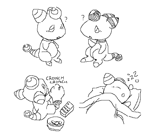 Four little drawings of an Ampharos. The top two are slightly differently styled and staring at each other in confusion. The bottom two are separate, one being a POV scene of holding the little ampharos' flipper while they crunch away at potato chips and watch TV, the other being a doodle of them tucked in and snoozing.