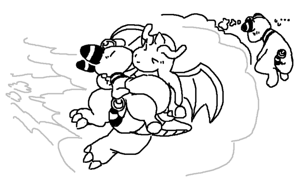 An MS Paint drawing of an ampharos daydreaming about being swept off of their feet and kissed by a dragonite.