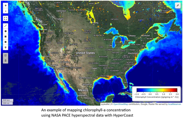 map - An example of mapping chlorophyll-a concentration using NASA PACE hyperspectral
data with HyperCoast.