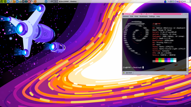 Screenshot of Trinity Desktop Environment running on a low spec arm SBC with Debian.

A terminal window is opened with Neofetch stats displayed.