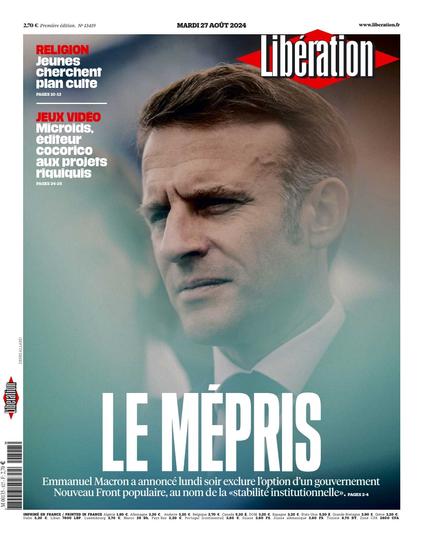 Une de Libération le mardi 27 août