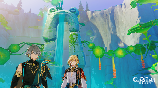 in-game screenshot of alhaitham and kaveh at the rainsong pond with the frog shaped huge waterfall. alhaitham's eyes are closed which somehow fits the closed eyes of the frog too