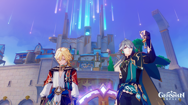 in-game screenshot of kaveh and alhaitham before constellation metropole. kaveh is sighing as alhaitham lifts kaveh's house key up high