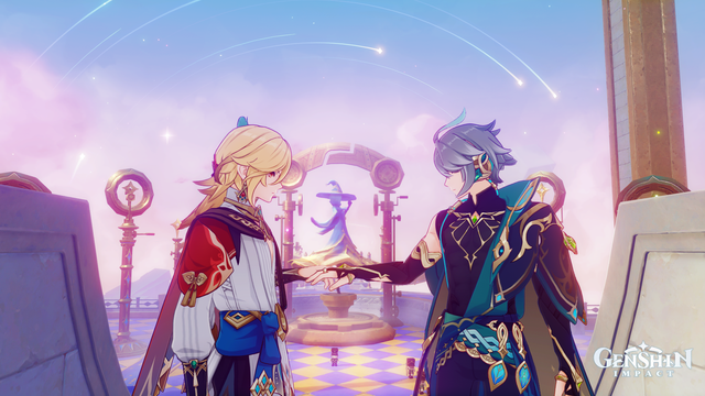 in-game screenshot of kaveh and alhaitham at the dancing witch music box on top of constellation metropole. the two are extending their hand so they're touching