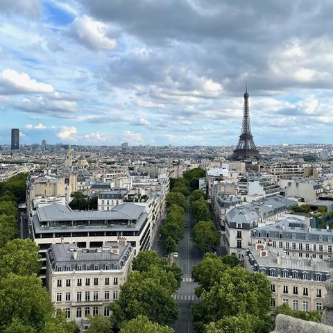 Blick auf Paris, im Hintergrund dieser bekannte Eiffelturm, leicht bedeckter Himmel