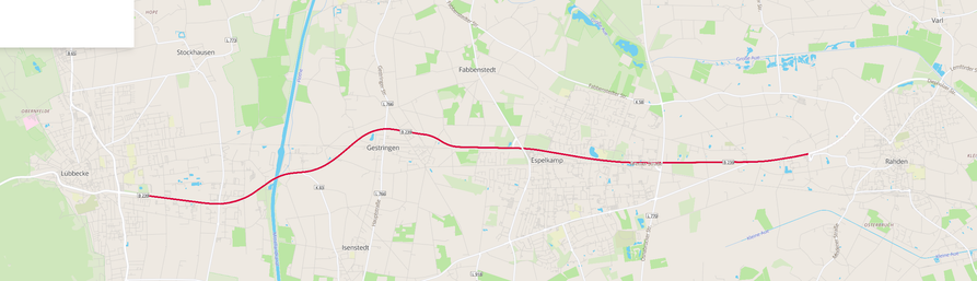 Kartenausschnitt mit Lübbecke links, Espelkamp in der Mitte und Rahden rechts. Sie werden von der in der Karte rot hervorgehobenen B239 verbunden