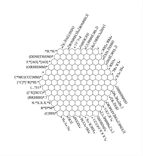 A crossword puzzle in a hexagonal grid where all hints are regular expressions. The hints come from three different directions and therefore all cells of the grid have three overlapping hints.