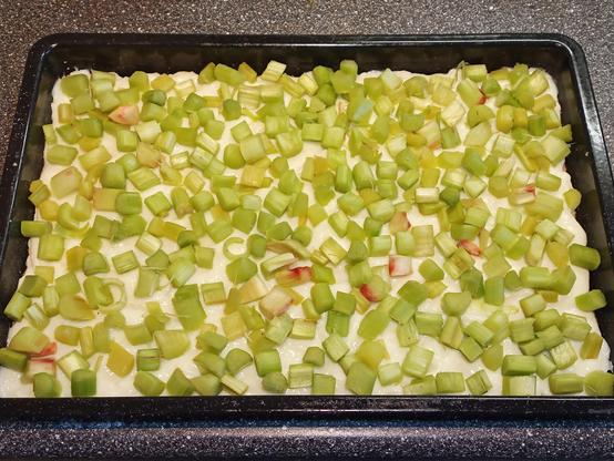 Ein ungebackener Rhabarberkuchen in einem rechteckigen Backblech. Der Kuchenboden ist mit einer dicken Schicht Pudding bedeckt, auf der gleichmäßig geschnittene grüne Rhabarberstücke verteilt sind. Die Rhabarberstücke sind teilweise auch rötlich gefärbt und liegen dicht beieinander. Der Kuchen befindet sich auf einer Küchenarbeitsfläche, bereit für den nächsten Zubereitungsschritt.