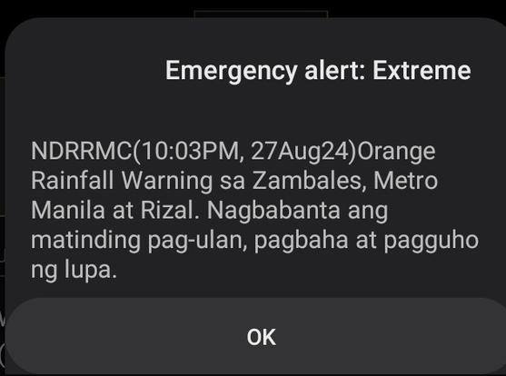 Emergency alert: Extreme NDRRMC(10:03PM, 27Aug24)Orange Rainfall Warning sa Zambales, Metro Manila at Rizal. Nagbabanta ang matinding pag-ulan, pagbaha at pagguho