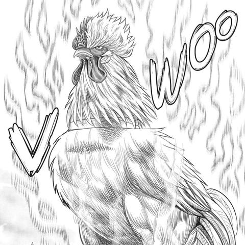 Black and white manga screenshot from Rooster Fighter, Volume 6. The image showing a rooster looking upward proudly surrounded by some kind of cliché, anime power up flames. The word "Vwoo" is shown behind them in all capital letters.