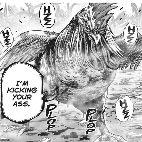 Black and white manga screenshot from Rooster Fighter, Volume 6. The image shows a bruised and beaten rooster who is standing up after being knocked down. The rooster is huffing and sweaty saying, "I'm kicking your ass."