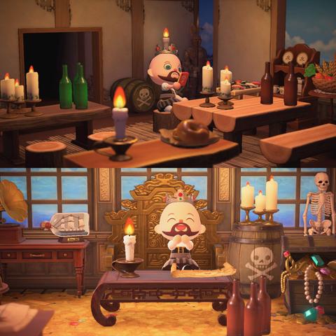 Collage of two Animal Crossing: New Horizons screenshots stacked vertically of the pirate themed Dream Island, Skellige. In all the pictures, a bald, light skinned, brown bearded human villager is shown wearing a grey Pirate dress and silver Pirate crown. The upper image shows the human pulling out their cell phone to snap some photos of a room that appears like a pirate mess hall with various tables with candles lit and bottles. The lower image shows the human clapping while sitting on a golden thrown surrounded by assorted pirate themed items, candles, and a skeleton.