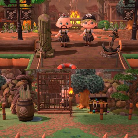 Collage of two Animal Crossing: New Horizons screenshots stacked vertically of the pirate themed Dream Island, Skellige. In all the pictures, a bald, light skinned, brown bearded human villager is shown wearing a grey Pirate dress and silver Pirate crown. The upper image shows an outdoor scene with a large bonfire, pirate themed flags, and some assorted brown and greenery. He is standing next to a light skinned, blonde, pirate dress wearing human with a pirate headscarf. The lower image has a bunch of greenery and a pirate barrel and a fence. The human is standing behind the fence with a tiki torch in front of it.