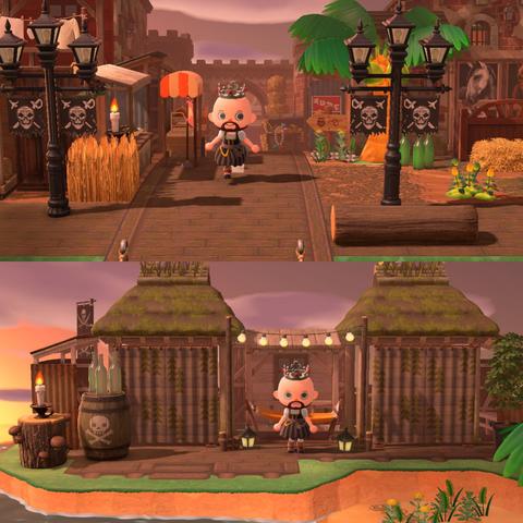 Collage of two Animal Crossing: New Horizons screenshots stacked vertically of the pirate themed Dream Island, Skellige. In all the pictures, a bald, light skinned, brown bearded human villager is shown wearing a grey Pirate dress and silver Pirate crown. The upper image has the human villager walking through a narrow alleyway in what looks like a small, pirate village. The lower image has a beachside shanty houses with the human standing in front of a hammock.
